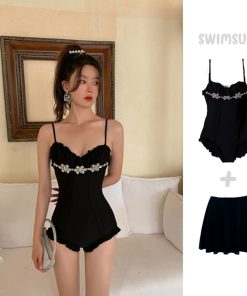 High-End Retro Princess Style Diamond-Studded Slimming One-Piece Swimsuit for Women - Perfect for Spring Vacation