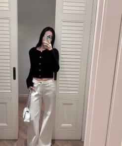 High-End Short Gold Buckle Round Neck Sweater Cardigan Coat for Spring Summer - Exquisite Temperament Style