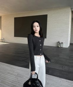 High-End Short Gold Buckle Round Neck Sweater Cardigan Coat for Spring Summer - Exquisite Temperament Style