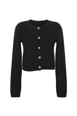 High-End Short Gold Buckle Round Neck Sweater Cardigan Coat for Spring Summer - Exquisite Temperament Style