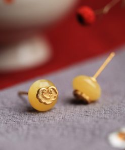 High-End Silver Artisan Ancient Style Earrings with Beeswax and Amber, Elegant Luxury Accessories for Women