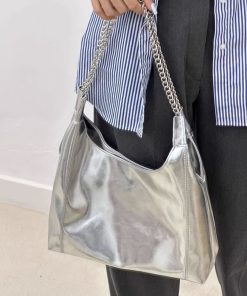 High-End Silver Tote Bag for Women - 2025 Large Capacity Commuting Handbag, Chain Shoulder Bag, Stylish Underarm Bag