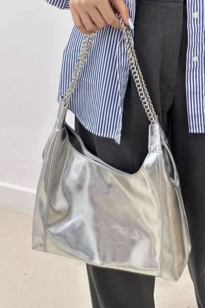 High-End Silver Tote Bag for Women - 2025 Large Capacity Commuting Handbag, Chain Shoulder Bag, Stylish Underarm Bag
