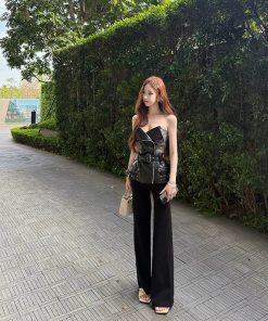 High-End Sleeveless Bustier Top Jacket for Women in Black Obsidian with Waist-Cinching Heavy Industry Splicing - Y2K Inspired Fashion