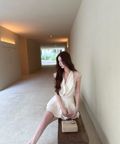 High-End Socialite Style Canary Lace Camisole Dress with Deep V Design - Elegant Short Dress for Chic Occasions