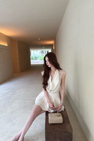 High-End Socialite Style Canary Lace Camisole Dress with Deep V Design - Elegant Short Dress for Chic Occasions