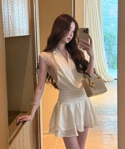 High-End Socialite Style Canary Lace Camisole Dress with Deep V Design - Elegant Short Dress for Chic Occasions