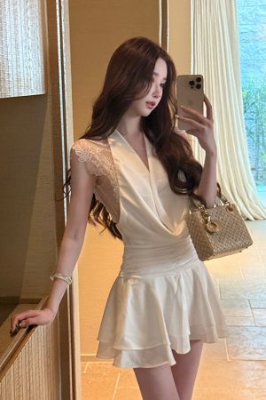 High-End Socialite Style Canary Lace Camisole Dress with Deep V Design - Elegant Short Dress for Chic Occasions