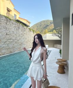 High-End Socialite Style Canary Lace Camisole Dress with Deep V Design - Elegant Short Dress for Chic Occasions