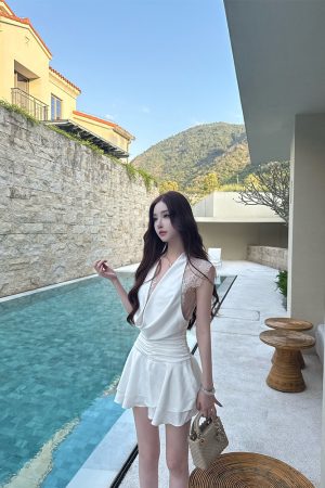 High-End Socialite Style Canary Lace Camisole Dress with Deep V Design - Elegant Short Dress for Chic Occasions