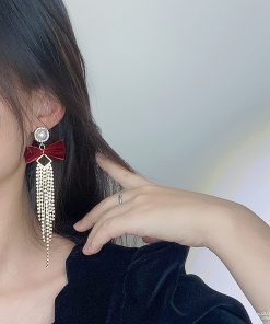 High-End Sparkling Diamond Tassel Velvet Bow Earrings - Korean Style Long Earrings for Autumn/Winter Fashion 2025