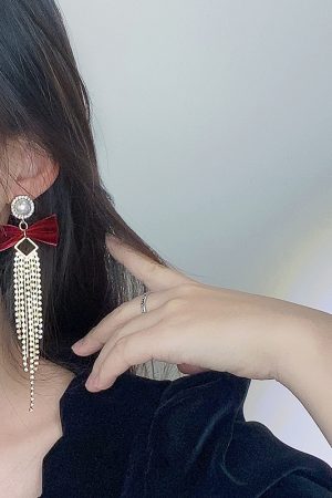 High-End Sparkling Diamond Tassel Velvet Bow Earrings - Korean Style Long Earrings for Autumn/Winter Fashion 2025