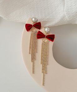 High-End Sparkling Diamond Tassel Velvet Bow Earrings - Korean Style Long Earrings for Autumn/Winter Fashion 2025