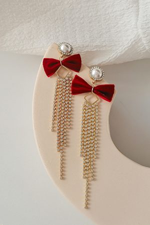 High-End Sparkling Diamond Tassel Velvet Bow Earrings - Korean Style Long Earrings for Autumn/Winter Fashion 2025