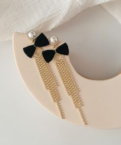High-End Sparkling Diamond Tassel Velvet Bow Earrings - Korean Style Long Earrings for Autumn/Winter Fashion 2025