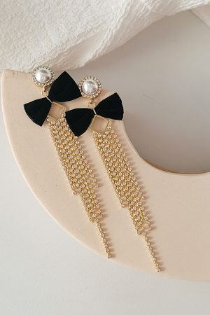 High-End Sparkling Diamond Tassel Velvet Bow Earrings - Korean Style Long Earrings for Autumn/Winter Fashion 2025