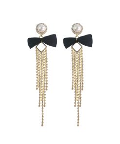 High-End Sparkling Diamond Tassel Velvet Bow Earrings - Korean Style Long Earrings for Autumn/Winter Fashion 2025