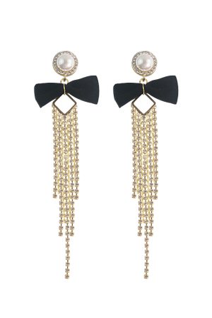 High-End Sparkling Diamond Tassel Velvet Bow Earrings - Korean Style Long Earrings for Autumn/Winter Fashion 2025