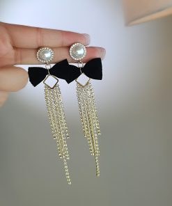 High-End Sparkling Diamond Tassel Velvet Bow Earrings - Korean Style Long Earrings for Autumn/Winter Fashion 2025