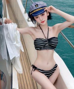 High-End Strapless Halter Neck Split Bikini for Women, Tummy-Covering Striped Swimwear for Hot Spring Vacation