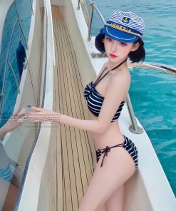 High-End Strapless Halter Neck Split Bikini for Women, Tummy-Covering Striped Swimwear for Hot Spring Vacation