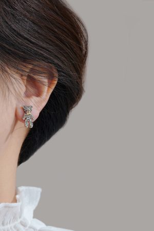 High-End Tea Green Full Diamond Bear Stud Earrings - Cute Versatile Women's Jewelry for Autumn Winter 2025