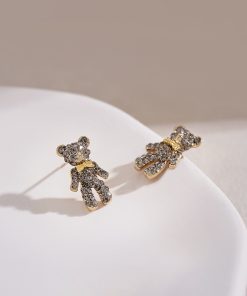 High-End Tea Green Full Diamond Bear Stud Earrings - Cute Versatile Women's Jewelry for Autumn Winter 2025