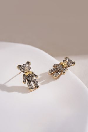 High-End Tea Green Full Diamond Bear Stud Earrings - Cute Versatile Women's Jewelry for Autumn Winter 2025