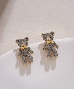 High-End Tea Green Full Diamond Bear Stud Earrings - Cute Versatile Women's Jewelry for Autumn Winter 2025