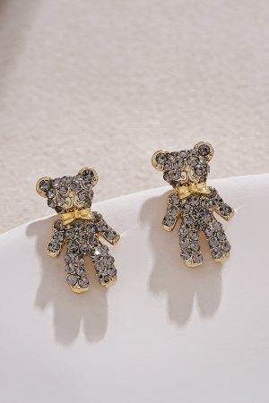 High-End Tea Green Full Diamond Bear Stud Earrings - Cute Versatile Women's Jewelry for Autumn Winter 2025