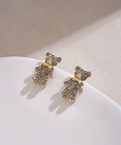 High-End Tea Green Full Diamond Bear Stud Earrings - Cute Versatile Women's Jewelry for Autumn Winter 2025