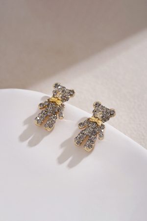 High-End Tea Green Full Diamond Bear Stud Earrings - Cute Versatile Women's Jewelry for Autumn Winter 2025