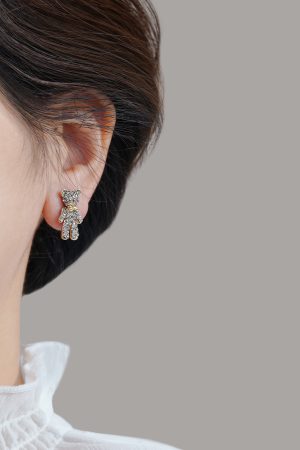 High-End Tea Green Full Diamond Bear Stud Earrings - Cute Versatile Women's Jewelry for Autumn Winter 2025