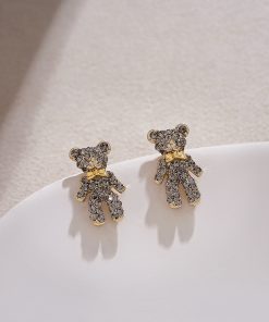 High-End Tea Green Full Diamond Bear Stud Earrings - Cute Versatile Women's Jewelry for Autumn Winter 2025