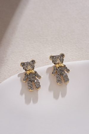 High-End Tea Green Full Diamond Bear Stud Earrings - Cute Versatile Women's Jewelry for Autumn Winter 2025