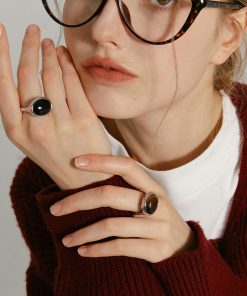 High-End Titanium Steel Agate Ring - Minimalist European and American Style for Autumn and Winter Fashion