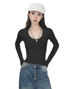 High-End U-Neck Knitted Long Sleeve Top for Women - Slim Fit, Stylish Versatile Autumn Winter Base Shirt