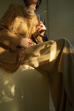 High-End Vintage Style Star River Cardamom Fringe Boucle Overcoat for Autumn Winter