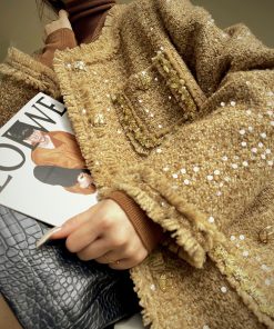 High-End Vintage Style Star River Cardamom Fringe Boucle Overcoat for Autumn Winter