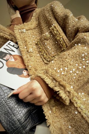 High-End Vintage Style Star River Cardamom Fringe Boucle Overcoat for Autumn Winter