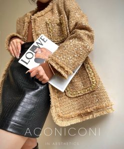 High-End Vintage Style Star River Cardamom Fringe Boucle Overcoat for Autumn Winter