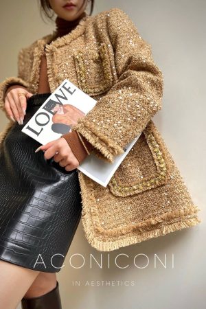 High-End Vintage Style Star River Cardamom Fringe Boucle Overcoat for Autumn Winter