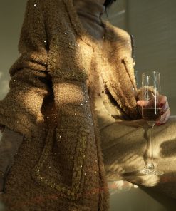 High-End Vintage Style Star River Cardamom Fringe Boucle Overcoat for Autumn Winter