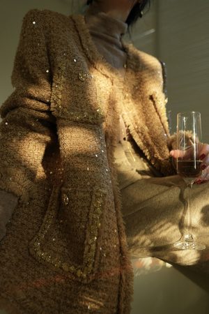 High-End Vintage Style Star River Cardamom Fringe Boucle Overcoat for Autumn Winter