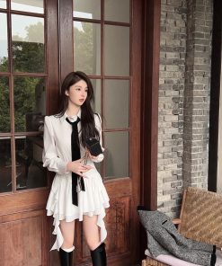 High-End White Long Sleeve Shirt Dress for Women, Waist-Cinching Slim Fit, Chic Autumn Winter Style, Trendy Hot Girl Look
