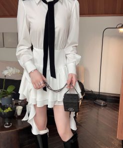 High-End White Long Sleeve Shirt Dress for Women, Waist-Cinching Slim Fit, Chic Autumn Winter Style, Trendy Hot Girl Look