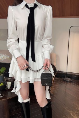High-End White Long Sleeve Shirt Dress for Women, Waist-Cinching Slim Fit, Chic Autumn Winter Style, Trendy Hot Girl Look
