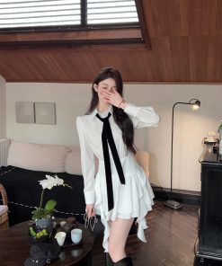 High-End White Long Sleeve Shirt Dress for Women, Waist-Cinching Slim Fit, Chic Autumn Winter Style, Trendy Hot Girl Look