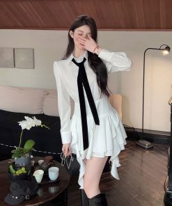 High-End White Long Sleeve Shirt Dress for Women, Waist-Cinching Slim Fit, Chic Autumn Winter Style, Trendy Hot Girl Look