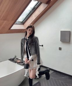 High-End White Long Sleeve Shirt Dress for Women, Waist-Cinching Slim Fit, Chic Autumn Winter Style, Trendy Hot Girl Look